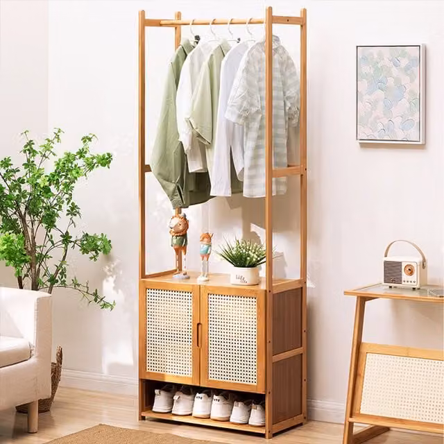 Komore Scandinavian Wooden Coat Rack with Cabinet and Mesh Doors in Brown