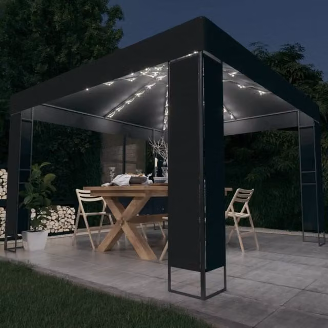Berkfield Home Anthracite and Black Double Roof Gazebo with LED String Lights, W/D: 3 x 3 m