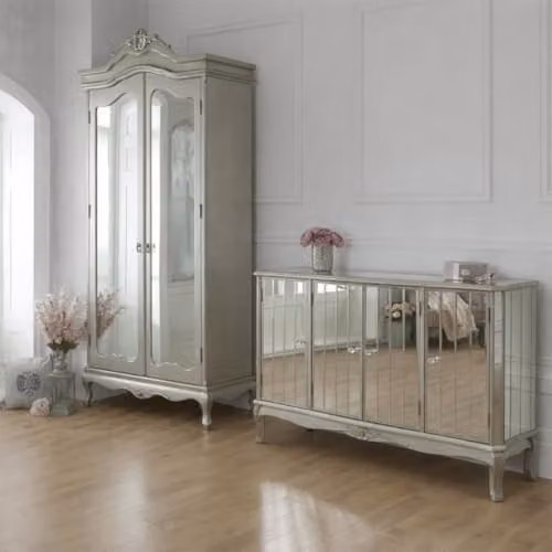 Melody Maison Tiffany Range Silver Mirrored Wardrobe and Large Sideboard