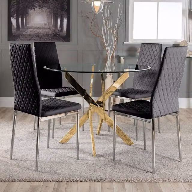 FurnitureboxUK Novara Dining Table and Four Milan Dining Chairs in Black and Gold