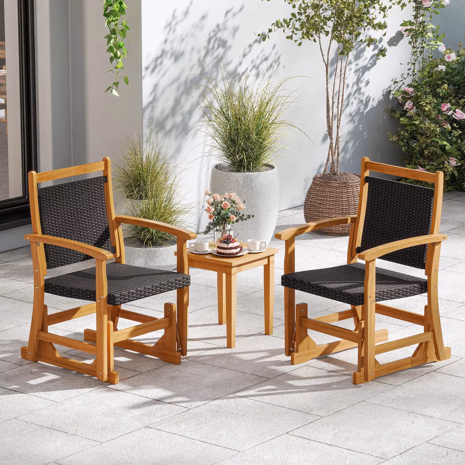Gymax Outdoor Acacia Wood Glider Chair with Rattan Seat in Brown – 9
