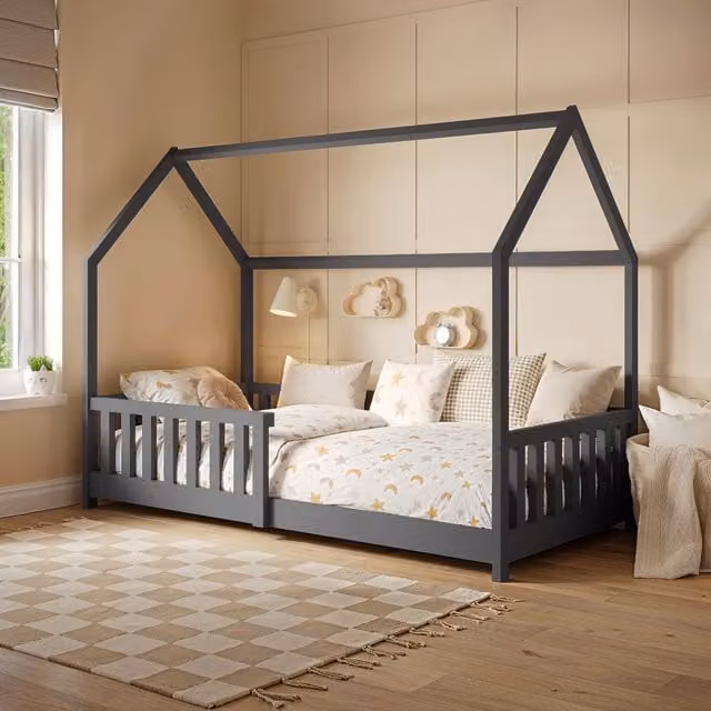 Flair Explorer Wooden Playhouse Bed in Grey, Solid Pine, W/D/H: 90 x 190 x 151 cm