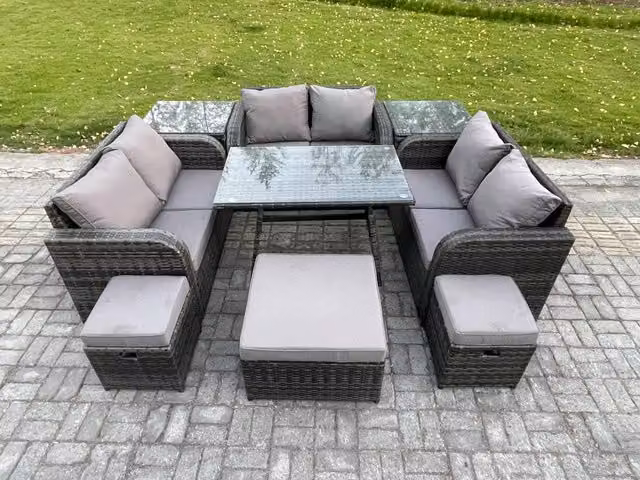 Fimous Dark Grey Mixed Outdoor Rattan Garden Furniture Set with Rectangular Dining Table, 3 Footstools and 2 Side Tables