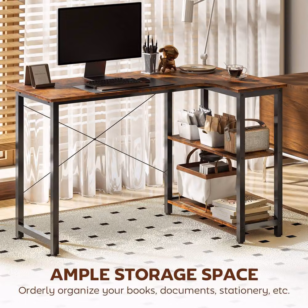 STILVORA L Shaped Corner Desk with Shelves in Rustic Dark Brown – 6
