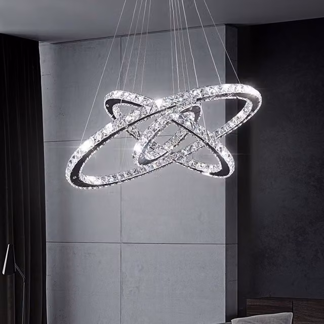 Livingandhome LED Crystal Pendant Hanging Ceiling Light in Silver, Height Adjustable up to 70 cm