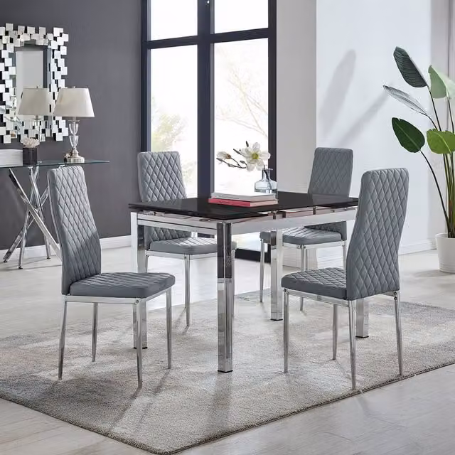 FurnitureboxUK Enna Black Glass Extending Modern Kitchen Dining Table and 4 Milan Chairs in Grey
