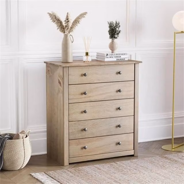 Kelvenix 5 Drawer Chest of Drawers in Rustic Brown Waxed Solid Pine Wood