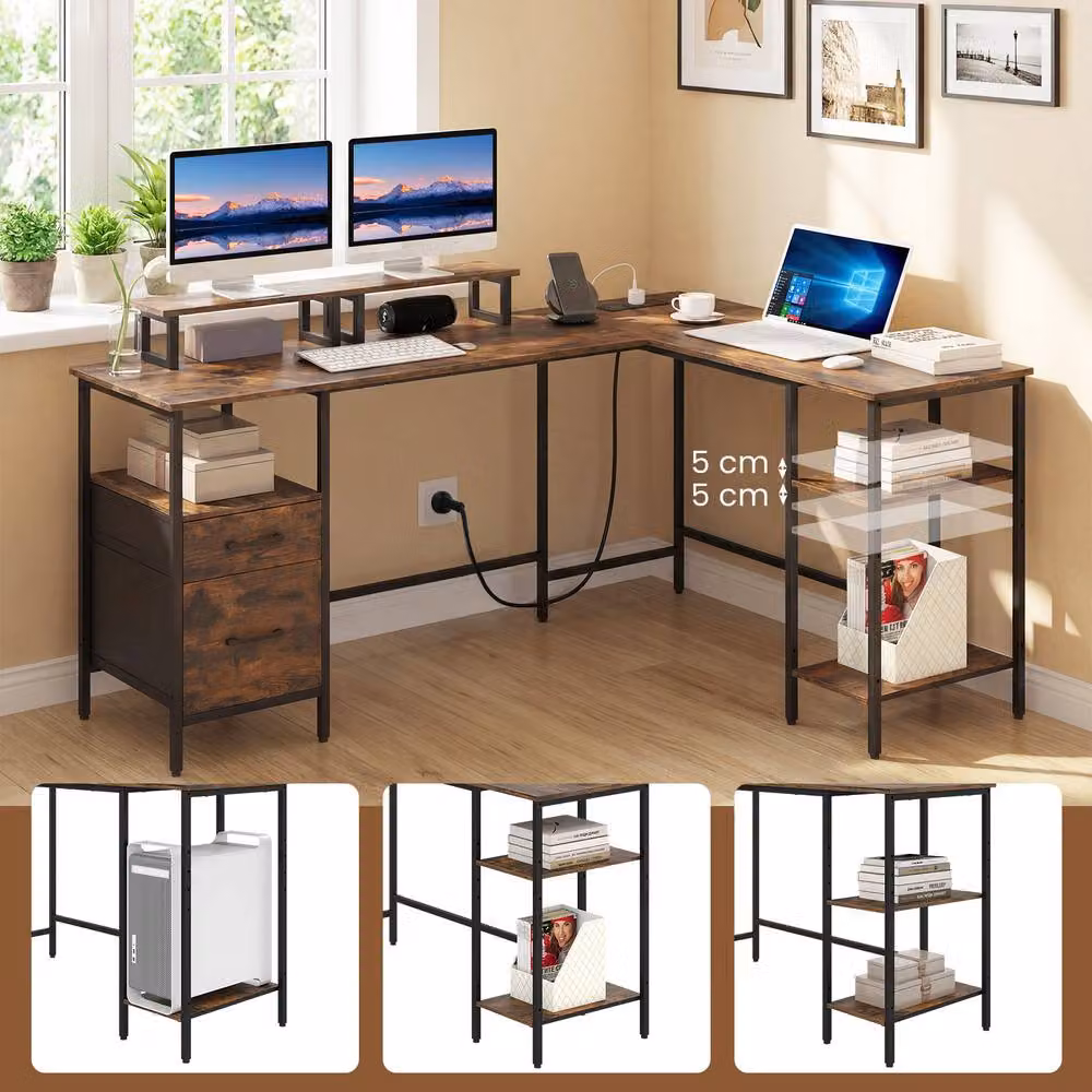 Costway L-shaped Reversible Corner Desk with Power Outlets in Brown – 9