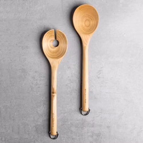 KitchenAid 2 Piece Birchwood Salad Servers, Fork and Spoon with Hanging Loop in Brown – 2