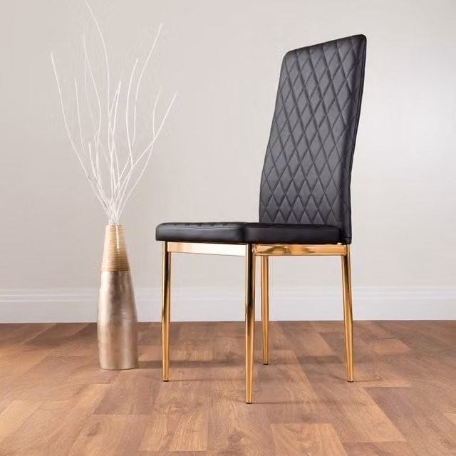 FurnitureboxUK Set of 6 Milan Modern Kitchen Dining Chairs with Gold Legs and Black Faux Leather Upholstery