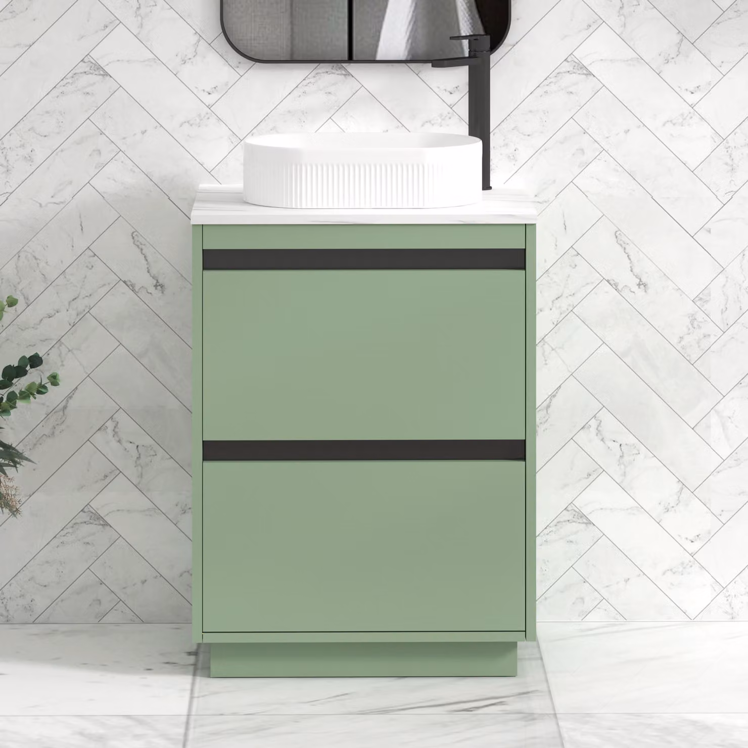 Royal Bathrooms Orion 600mm Mint Sage Floor Standing 2 Drawer Vanity Unit with Lyon Basin and Black Accent Trim