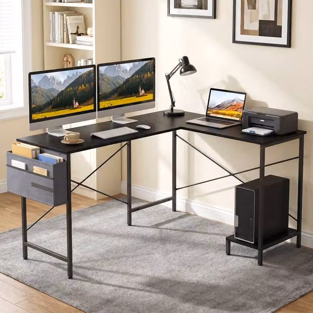 Gymax L-Shaped Reversible Corner Executive Computer Desk with CPU Stand in Black