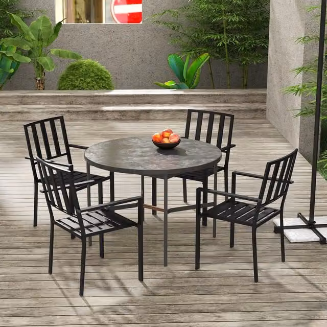 Outsunny Set of 4 Modern Metal Slatted Stackable Outdoor Garden Chairs in Matt Black