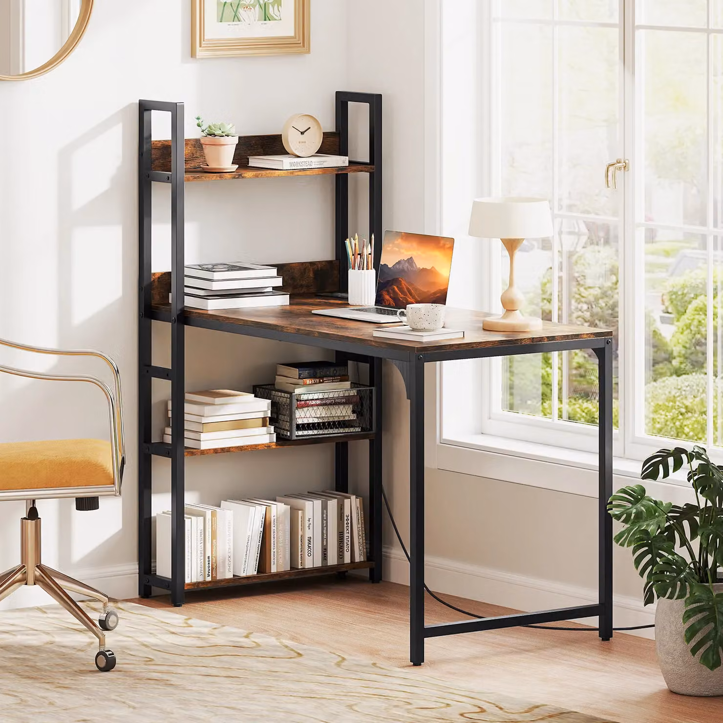 Gymax Industrial Brown Computer Desk with Power Outlets and Shelves – 7