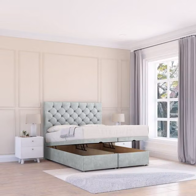 Sloomy Mayfair Naples Silver Grey Fabric Ottoman Bed with Hybrid Memory Mattress and Chesterfield Headboard, Double, W/D/H: 140 x 200 cm