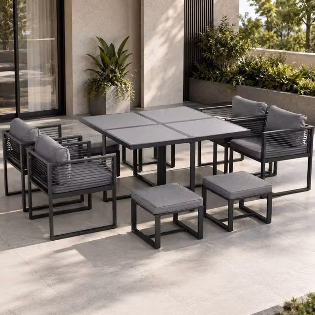 STILVORA Modern Garden Dining Set for 8 in Grey with Metal and Glass Construction