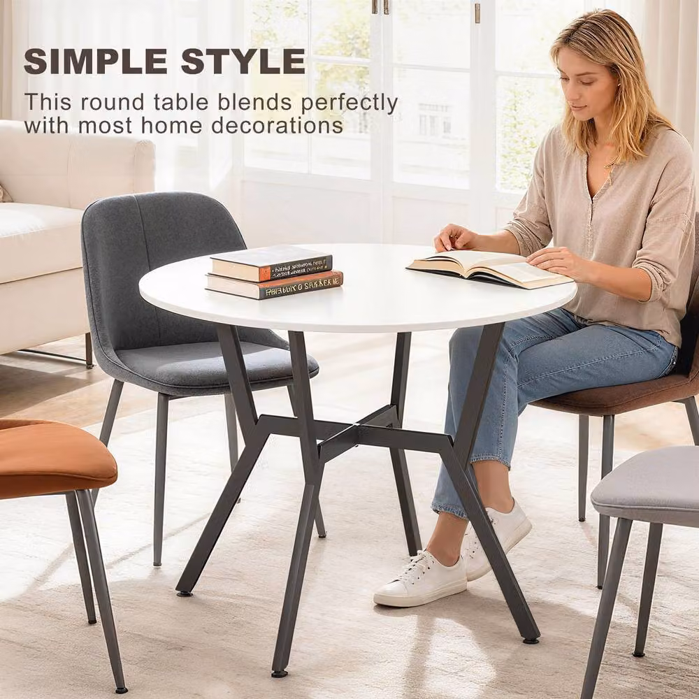 STILVORA Modern Round Gloss White Dining Table with Wooden Structure, W: 90 cm, D: 90 cm, H: 76 cm – 4