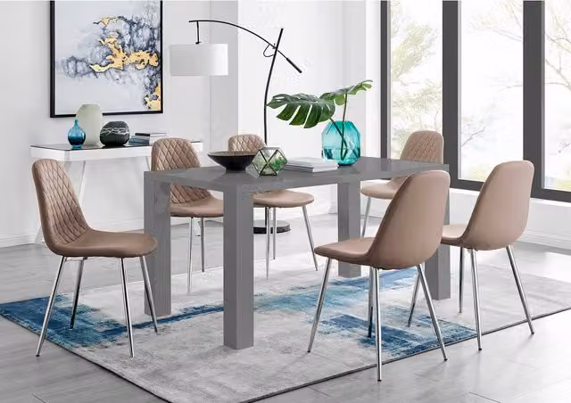 FurnitureboxUK Pivero Grey High Gloss Rectangular Dining Table and 6 Corona Silver Faux Leather Chairs