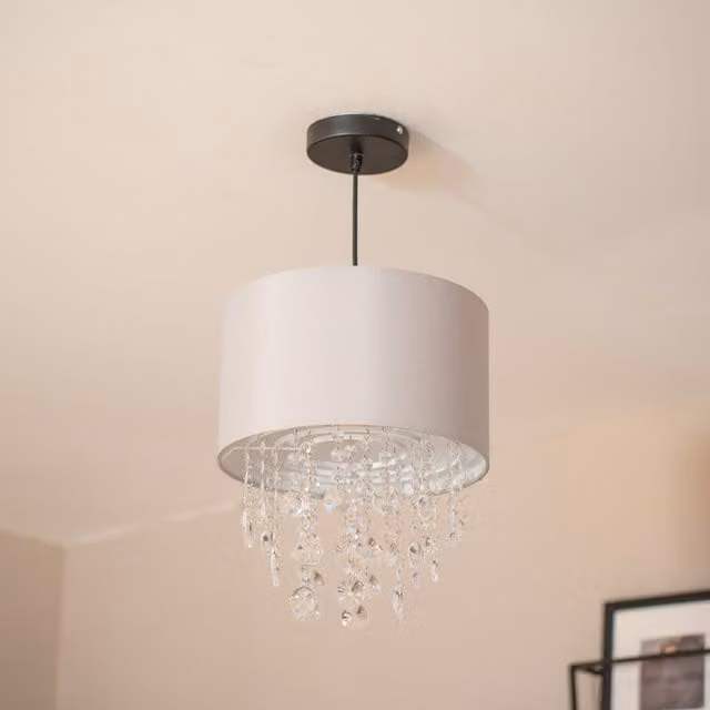 ValueLights Lulu Grey Easy Fit Fabric Cylinder Lampshade with Acrylic Jewel Bead Droplets