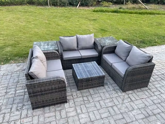 Fimous 6 Seater Wicker Rattan Outdoor Garden Furniture Set in Dark Grey with Square Coffee Table, Love Seat and 2 Side Tables