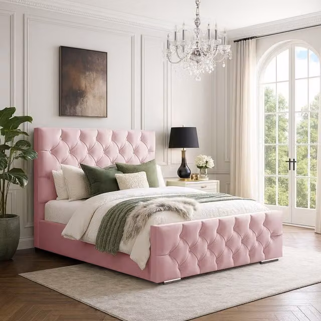 Desire Deco Chesterfield Superking Bed Frame in Pink Velvet Upholstered W/D/H: 200 x 200 cm