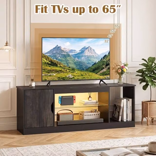 KORVIXA Black Modern Entertainment Centre TV Stand with Integrated Lighting and Media Compartments, W/D/H: 100 x 100 x 100 cm – 1