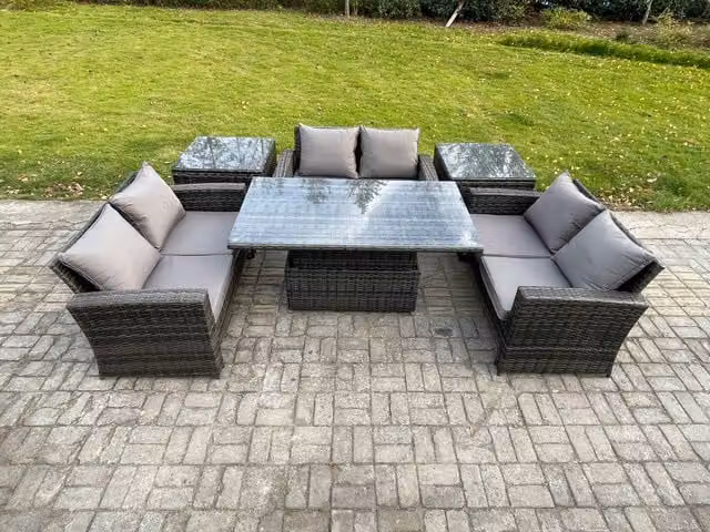 Fimous 6 Piece Outdoor Lounge Sofa Set in Dark Grey with PE Rattan, Upholstered Cushions and Rising Lifting Table