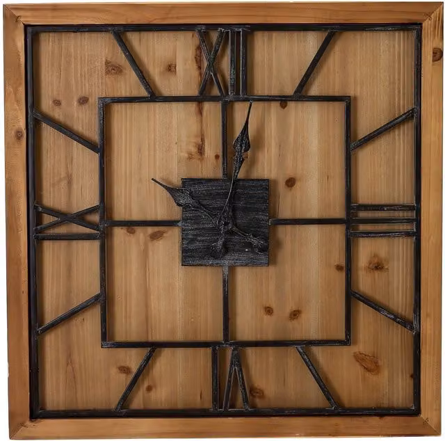 KDMK Industrial Square Wooden and Metal Analog Quartz Wall Clock in Brown and Grey