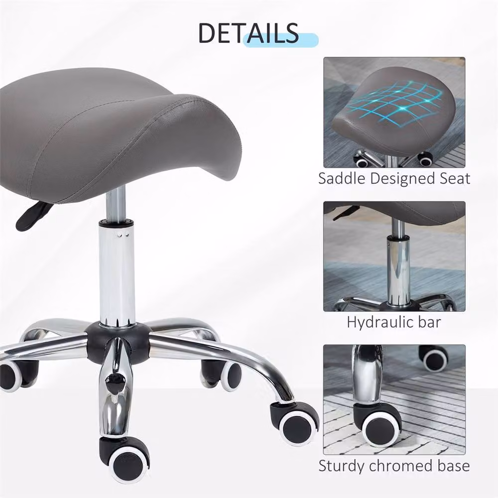 EONLION Grey Hydraulic Rolling Saddle Stool with Synthetic Leather and Metal Frame – 3