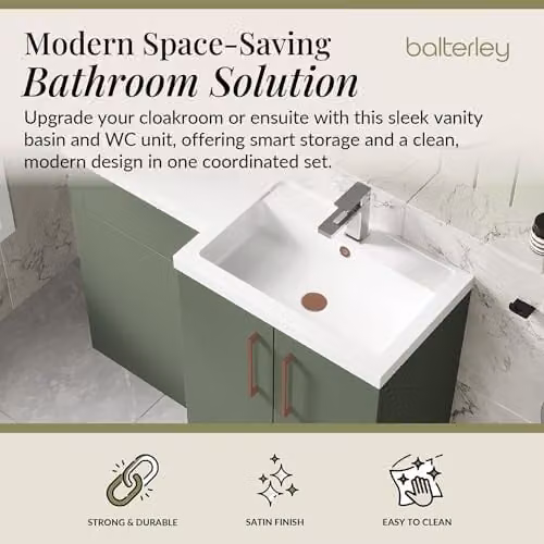 Balterley Green L-Shaped Vanity Unit with Basin, WC Unit and Soft Close 2-Door Storage, Right Hand Configuration – 1