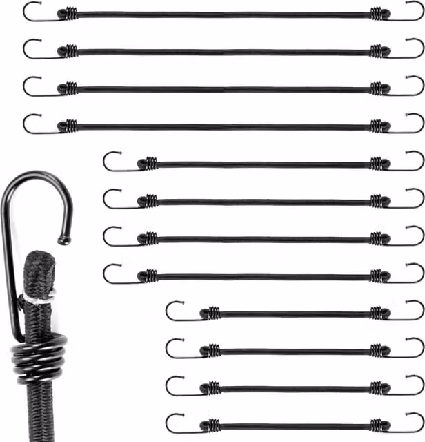 Sola 12 Pack Heavy Duty Black Bungee Cords with Steel Hooks and 8mm Elastic Luggage Straps