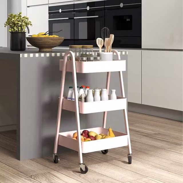 HOMCOM 3 Tier Metal Storage Trolley with Wheels and Handles in Pink