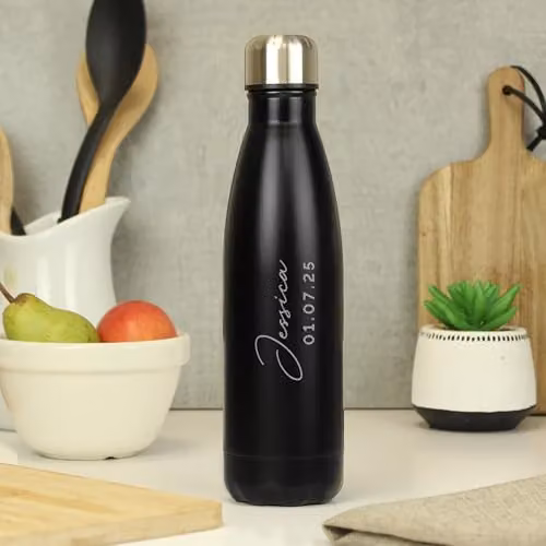 Personalised Memento Company Black Stainless Steel Vacuum Insulated Leakproof Drinks Bottle, 500 ml
