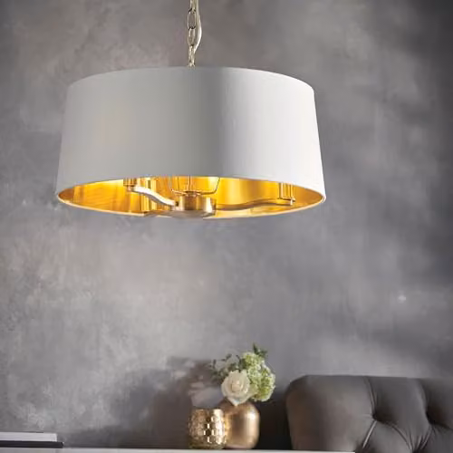 Endon Harvey 3 Light Dimmable Pendant Light in Gold and White with Fabric Shade – 2