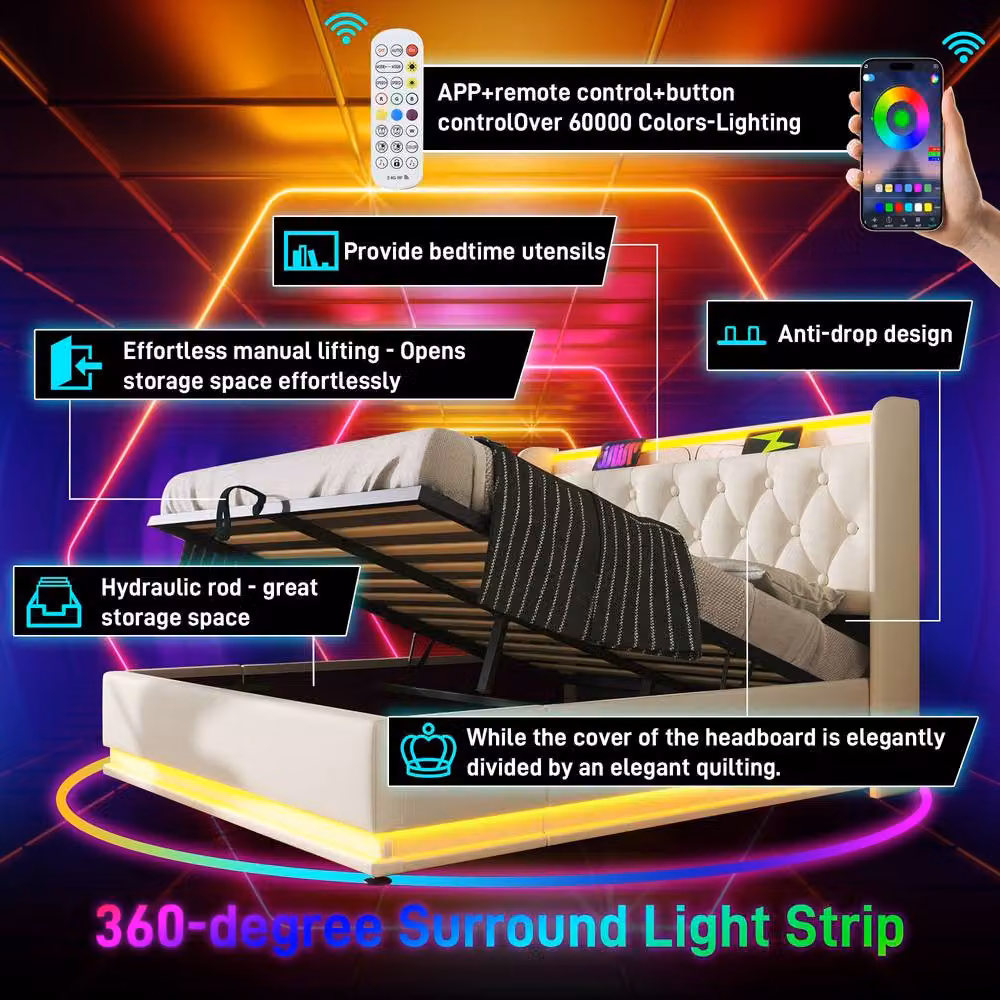 Rolipo King Size Ottoman Bed in White Synthetic Leather with LED Lighting, USB Charging Port and Hydraulic Storage, W/D/H: 180 x 200 cm – 6