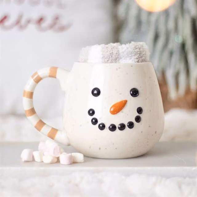 KDMK Snowman Mug and Socks Set, White Ceramic, Microwave Safe