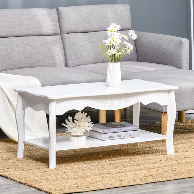 HOMCOM Modern Rectangular Coffee Table with Shelf in White