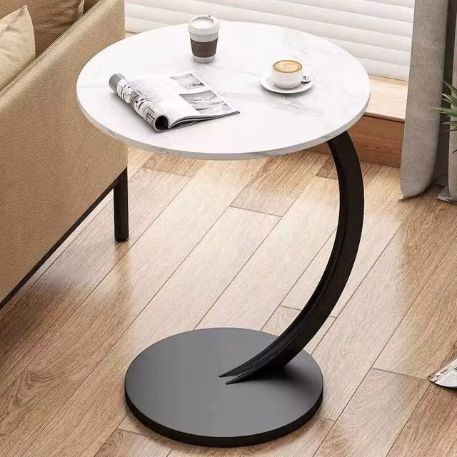 NESTLUNE White C-Shaped Compact Sofa Side End Table with Marble Top, W/D/H: 40 x 30 x 60 cm – 1
