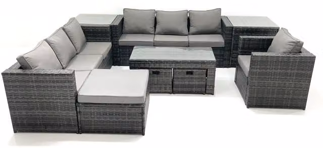Fimous 10 Seater Rattan Garden Furniture Set in Dark Grey with Coffee Table, Armchairs, Footstools and Side Tables – 1