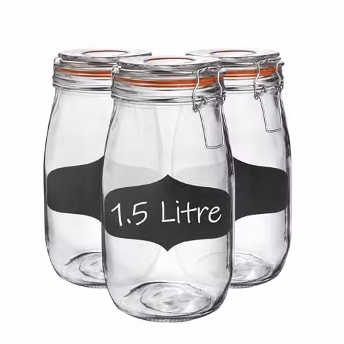 Argon Tableware Set of 6 Transparent Glass Storage Jars with Airtight Clip Lids and Labels, 1.5 l – 1