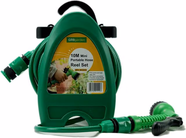 Gr8 Garden Green Compact Hose Pipe Cart with 10m Hose and Multi-Pattern Watering Gun