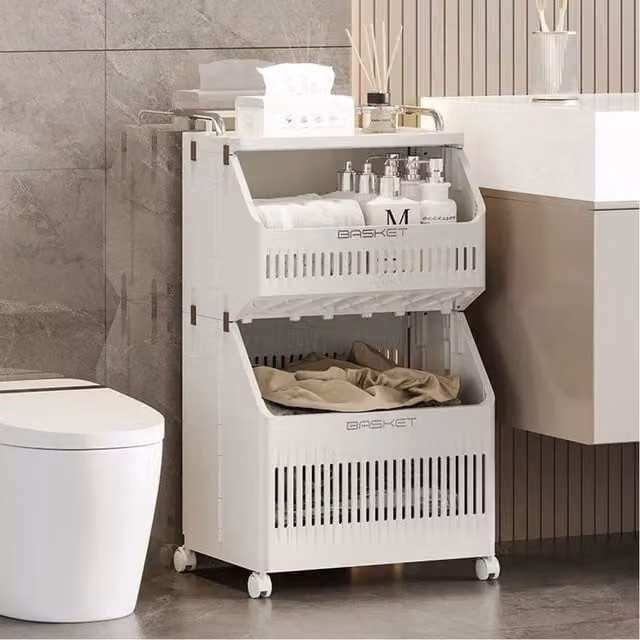 Komore Collapsible Plastic Laundry Basket on Wheels with Handles, White, Height: 72 cm