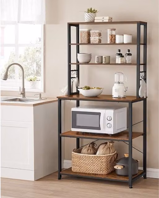 The Bazaarist Baker's Rack Kitchen Storage Unit with Hanging Rod and Multiple Shelves, Rustic Brown and Black, H 167 x W 80 x D 40 cm