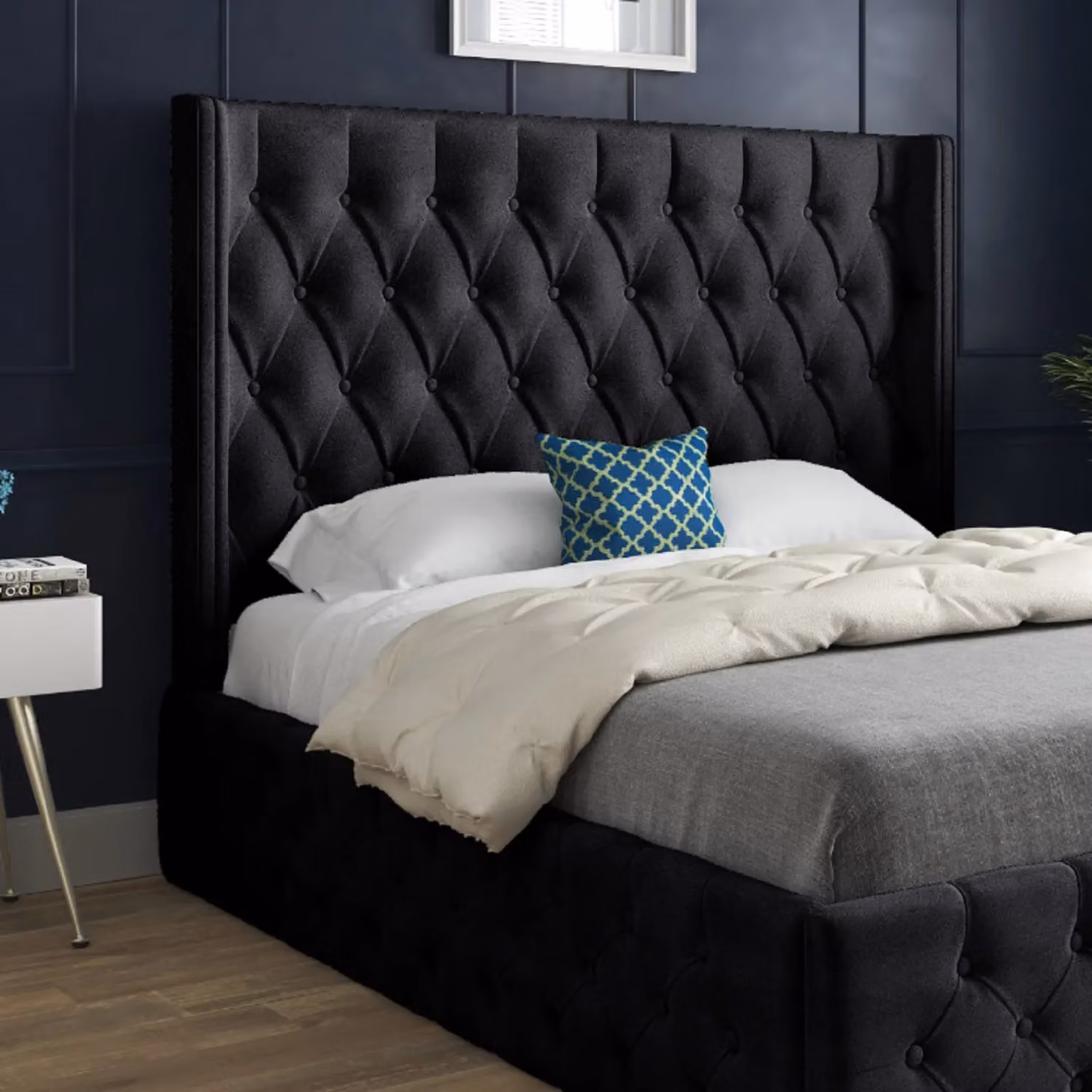 Casani Turin Upholstered Velvet Bed Frame in Black, W/D/H: 140 x 200 cm – 2