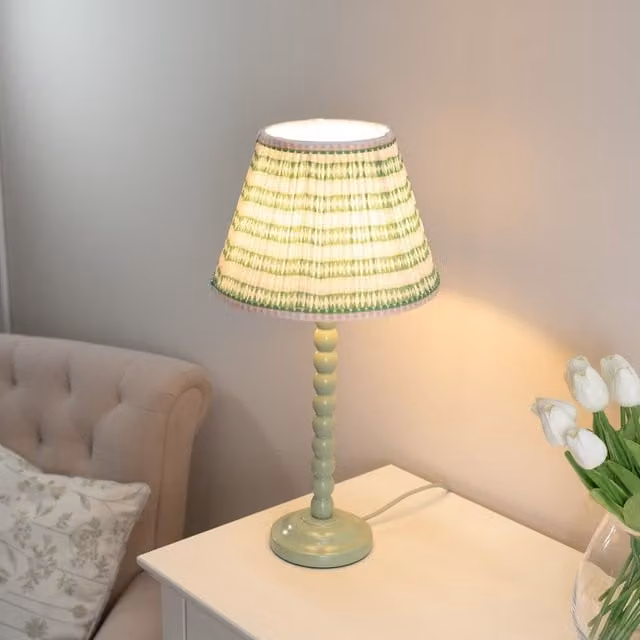 ValueLights Bobbin Stem Table Lamp in Sage Green with Pale Pink Fabric Pleated Shade