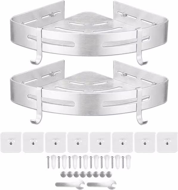 SPARES2GO Wall Mounted Aluminium Corner Shelf Storage Rack in Silver
