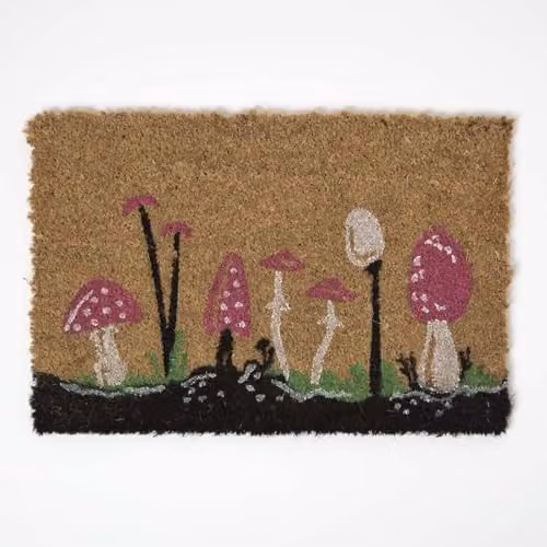 Homescapes Natural Coir Doormat with Red Mushroom Pattern, W/D: 60 x 40 cm