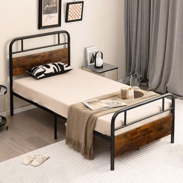 Costway Single Size Industrial Metal Bed Frame in Black, W/D/H: 90 x 200 cm