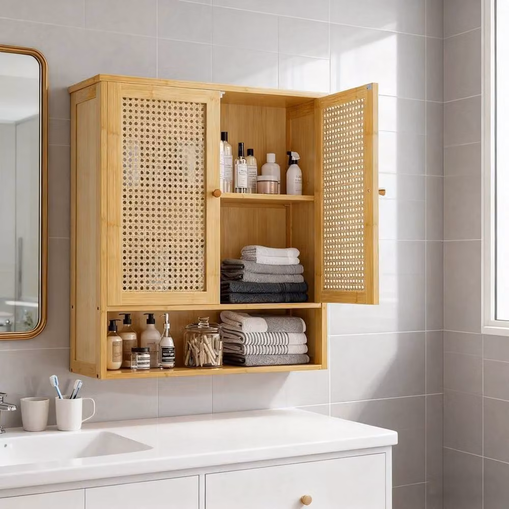 KORVIXA Brown Vintage Wall Mounted Bathroom and Kitchen Cabinet with Rattan Hinged Doors and Internal Shelves W/D/H: 66.5 x 59.0 x 2.0 cm – 2