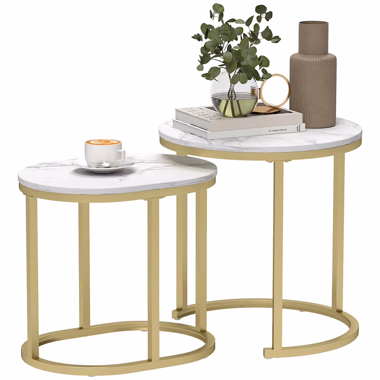 HOMCOM Set of 2 Modern Round Coffee Tables with White Faux Marble Tabletop and Metal Sled Base – 2